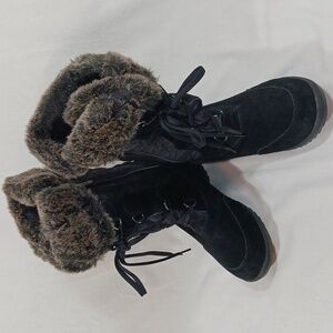 LANDS' END, Sz 9.5B, Suede/Quilted, Black Winter Boots. Zippered, Laced,Faux fur